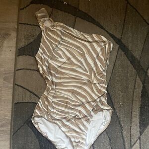 Michael Kors One-Shoulder Brown & White Striped Swimsuit (without padding).